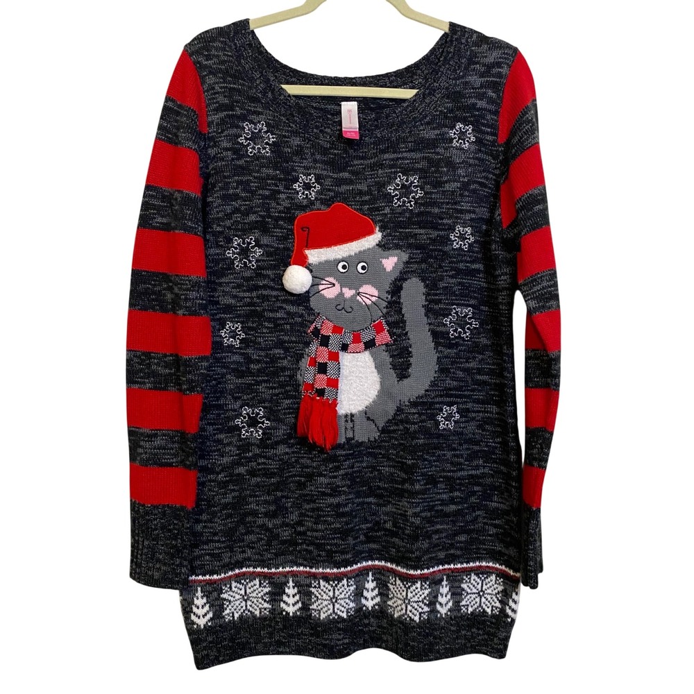 Kitty Cat Santa Christmas Sweater Womens XL Gray Cat Plaid Scarf Tunic Striped